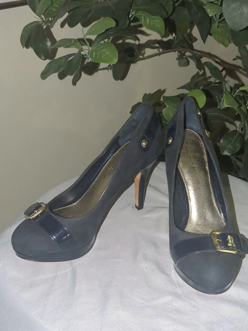 ANTONIO MELANI Navy Suede Buckle Peep-Toe Pumps
